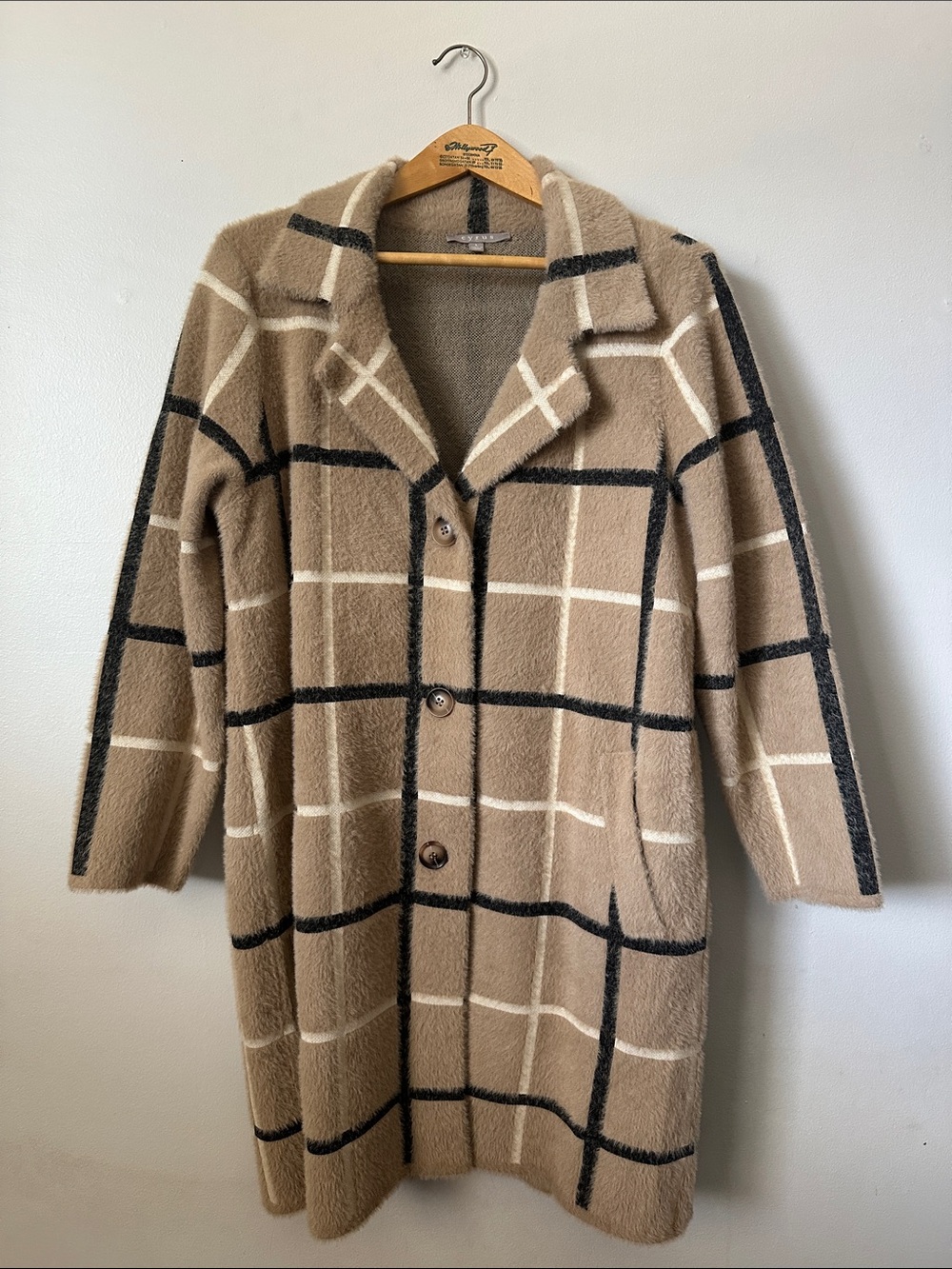 Cyrus Women's Tan Plaid Mid-Length Coat Size L